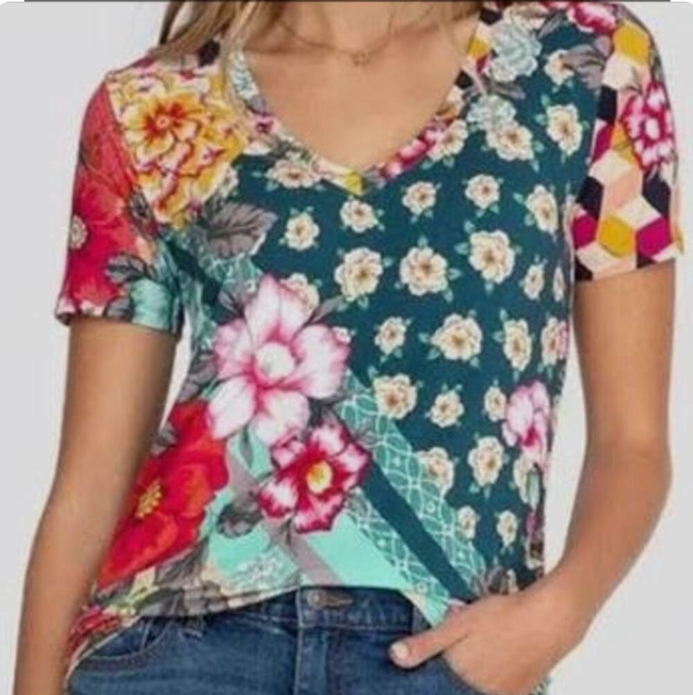 Johnny Was Nellie Favorite Bamboo Floral V Neck Shirt Large Multicolor Boho
